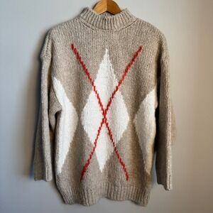 Vintage Argyle Mock Neck Sweater Women's Beige White Red Pullover Mohair Size M